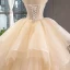 High-end Champagne Bridal Wedding Dresses 2023 Ball Gown Strapless Sleeveless Backless Appliques Lace Cathedral Train Ruffle