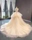 High-end Champagne Bridal Wedding Dresses 2023 Ball Gown Strapless Sleeveless Backless Appliques Lace Cathedral Train Ruffle