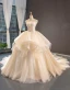 High-end Champagne Bridal Wedding Dresses 2023 Ball Gown Strapless Sleeveless Backless Appliques Lace Cathedral Train Ruffle