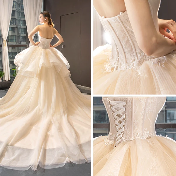 High-end Champagne Bridal Wedding Dresses 2023 Ball Gown Strapless Sleeveless Backless Appliques Lace Cathedral Train Ruffle