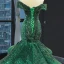 Scintillantes Vert Foncé Paillettes Tapis rouge Robe De Soirée 2023 Trompette / Sirène De l'épaule Manches Courtes Chapel Train Dos Nu Robe De Ceremonie