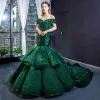Sparkly Dark Green Sequins Red Carpet Evening Dresses  2023 Trumpet / Mermaid Off-The-Shoulder Short Sleeve Chapel Train Backless Formal Dresses
