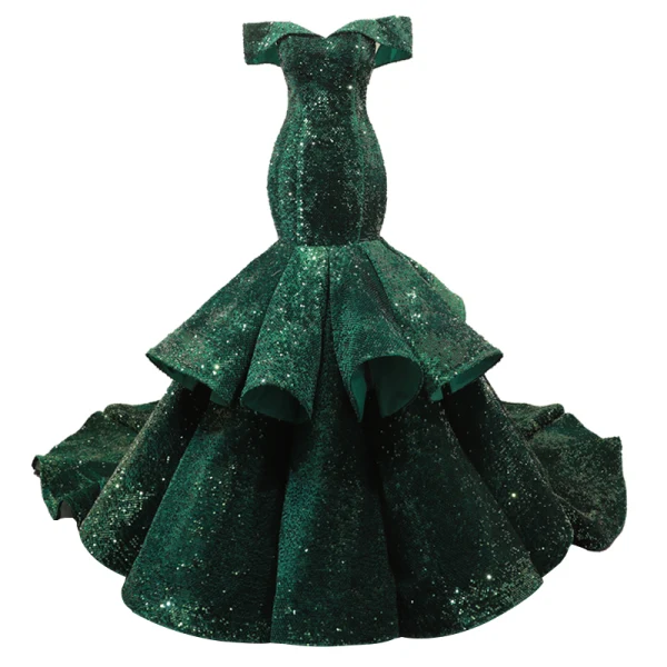 Scintillantes Vert Foncé Paillettes Tapis rouge Robe De Soirée 2023 Trompette / Sirène De l'épaule Manches Courtes Chapel Train Dos Nu Robe De Ceremonie
