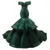 Sparkly Dark Green Sequins Red Carpet Evening Dresses  2023 Trumpet / Mermaid Off-The-Shoulder Short Sleeve Chapel Train Backless Formal Dresses