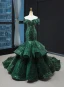 Scintillantes Vert Foncé Paillettes Tapis rouge Robe De Soirée 2023 Trompette / Sirène De l'épaule Manches Courtes Chapel Train Dos Nu Robe De Ceremonie