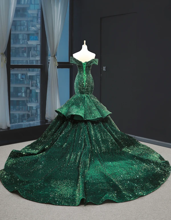 Scintillantes Vert Foncé Paillettes Tapis rouge Robe De Soirée 2023 Trompette / Sirène De l'épaule Manches Courtes Chapel Train Dos Nu Robe De Ceremonie