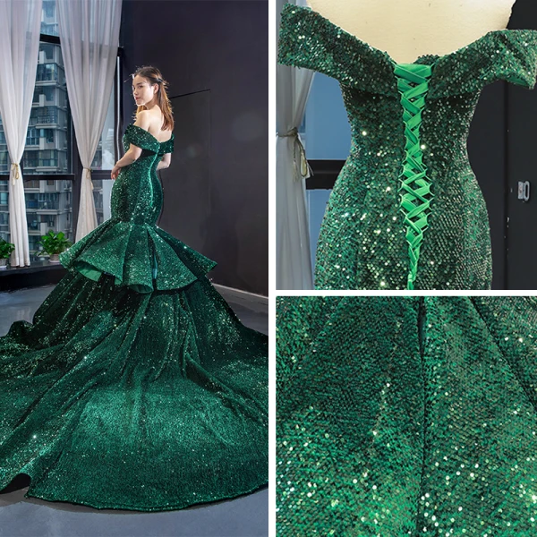Scintillantes Vert Foncé Paillettes Tapis rouge Robe De Soirée 2023 Trompette / Sirène De l'épaule Manches Courtes Chapel Train Dos Nu Robe De Ceremonie
