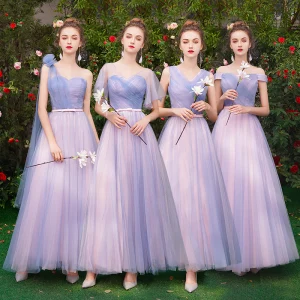 Abordable Chic Lavande Robe Demoiselle D Honneur 2019 Princesse Noeud Ceinture Longue Volants Dos Nu Robe Pour Mariage