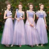 Affordable Classy Lavender Bridesmaid Dresses 2019 A-Line / Princess Bow Sash Floor-Length / Long Ruffle Backless Wedding Party Dresses