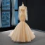 Haut de Gamme Champagne La Mariée Robe De Mariée 2023 Trompette / Sirène Encolure Dégagée Manches Longues Dos Nu Glitter Tulle Tribunal Train Volants