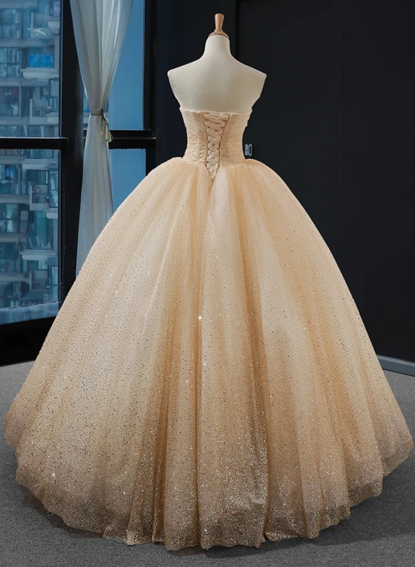 Haut de Gamme Champagne La Mariée Robe De Mariée 2023 Trompette / Sirène Encolure Dégagée Manches Longues Dos Nu Glitter Tulle Tribunal Train Volants