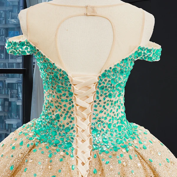 Haut de Gamme Champagne La Mariée Robe De Mariée 2023 Trompette / Sirène Encolure Dégagée Manches Longues Dos Nu Glitter Tulle Tribunal Train Volants