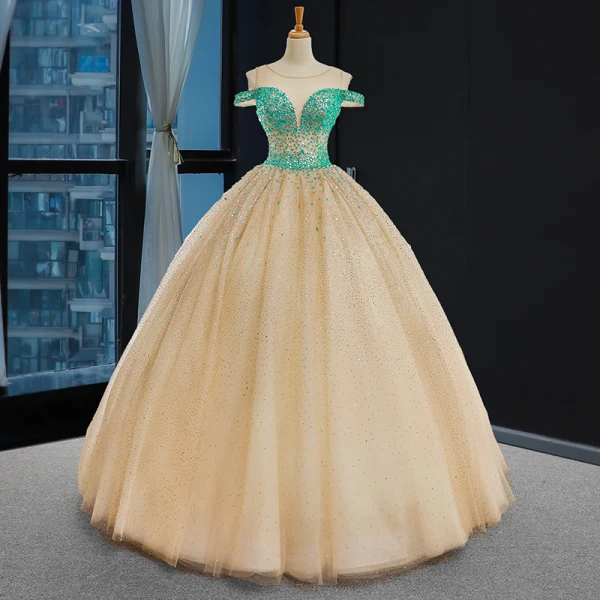 Haut de Gamme Champagne La Mariée Robe De Mariée 2023 Trompette / Sirène Encolure Dégagée Manches Longues Dos Nu Glitter Tulle Tribunal Train Volants