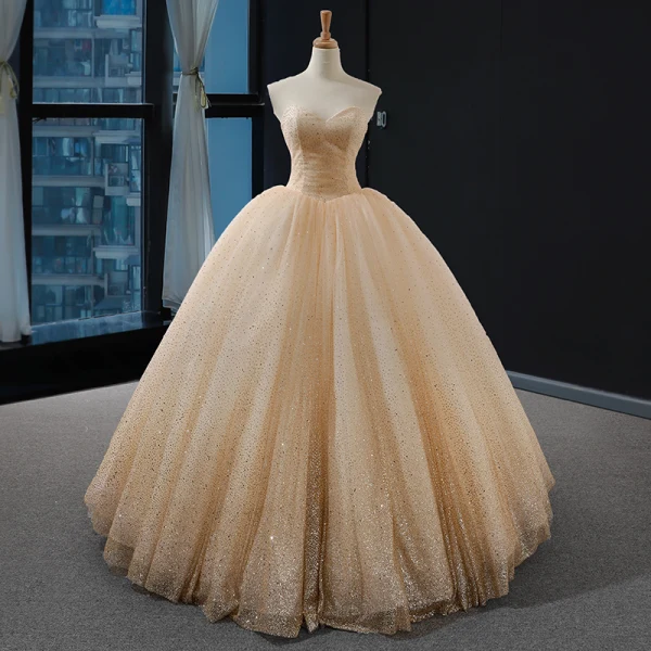 Haut de Gamme Champagne La Mariée Robe De Mariée 2023 Trompette / Sirène Encolure Dégagée Manches Longues Dos Nu Glitter Tulle Tribunal Train Volants