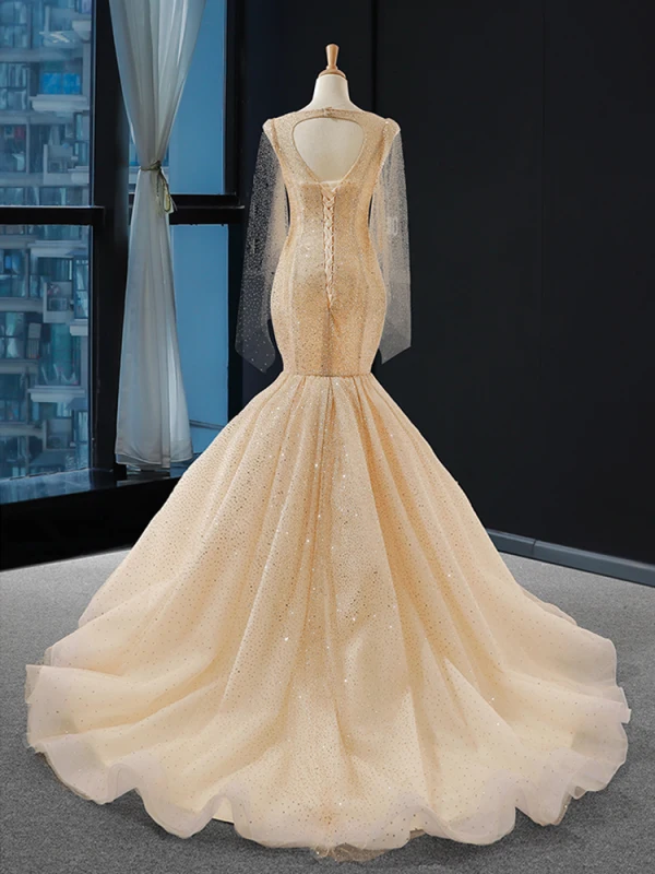 Haut de Gamme Champagne La Mariée Robe De Mariée 2023 Trompette / Sirène Encolure Dégagée Manches Longues Dos Nu Glitter Tulle Tribunal Train Volants