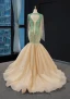 Haut de Gamme Champagne La Mariée Robe De Mariée 2023 Trompette / Sirène Encolure Dégagée Manches Longues Dos Nu Glitter Tulle Tribunal Train Volants