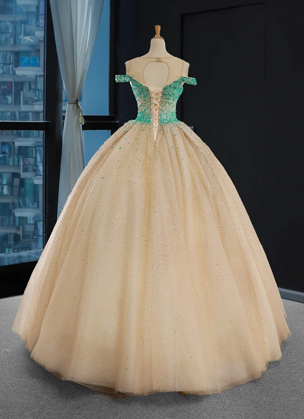 Haut de Gamme Champagne La Mariée Robe De Mariée 2023 Trompette / Sirène Encolure Dégagée Manches Longues Dos Nu Glitter Tulle Tribunal Train Volants