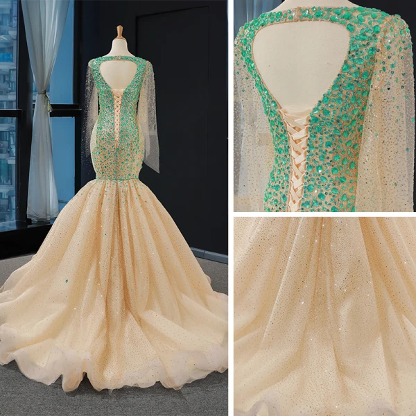 Haut de Gamme Champagne La Mariée Robe De Mariée 2023 Trompette / Sirène Encolure Dégagée Manches Longues Dos Nu Glitter Tulle Tribunal Train Volants