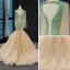 Haut de Gamme Champagne La Mariée Robe De Mariée 2023 Trompette / Sirène Encolure Dégagée Manches Longues Dos Nu Glitter Tulle Tribunal Train Volants