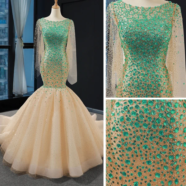 Haut de Gamme Champagne La Mariée Robe De Mariée 2023 Trompette / Sirène Encolure Dégagée Manches Longues Dos Nu Glitter Tulle Tribunal Train Volants