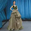 High-end Clover Green Suede Dancing Prom Dresses 2023 A-Line / Princess V-Neck Sleeveless Glitter Tulle Floor-Length / Long Ruffle Backless Formal Dresses