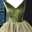 High-end Clover Green Suede Dancing Prom Dresses 2023 A-Line / Princess V-Neck Sleeveless Glitter Tulle Floor-Length / Long Ruffle Backless Formal Dresses