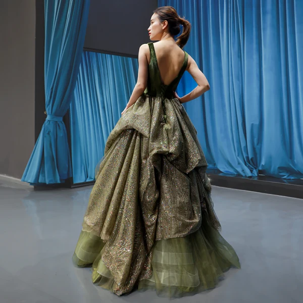 High-end Clover Green Suede Dancing Prom Dresses 2023 A-Line / Princess V-Neck Sleeveless Glitter Tulle Floor-Length / Long Ruffle Backless Formal Dresses