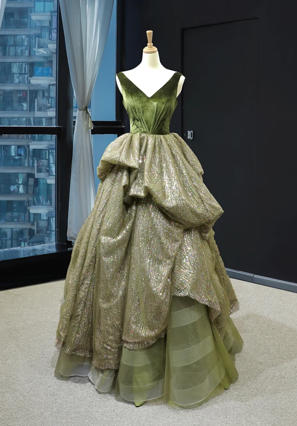 High-end Clover Green Suede Dancing Prom Dresses 2023 A-Line / Princess V-Neck Sleeveless Glitter Tulle Floor-Length / Long Ruffle Backless Formal Dresses