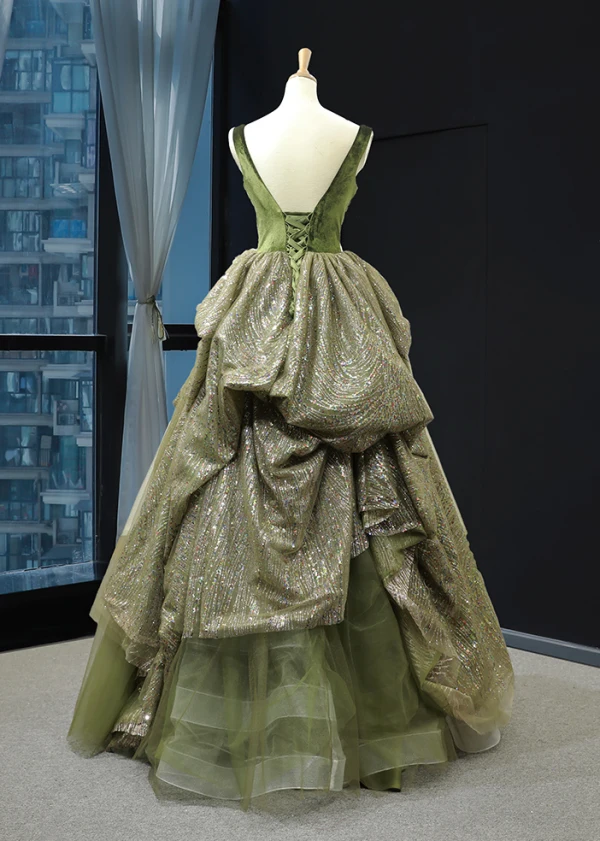 High-end Clover Green Suede Dancing Prom Dresses 2023 A-Line / Princess V-Neck Sleeveless Glitter Tulle Floor-Length / Long Ruffle Backless Formal Dresses