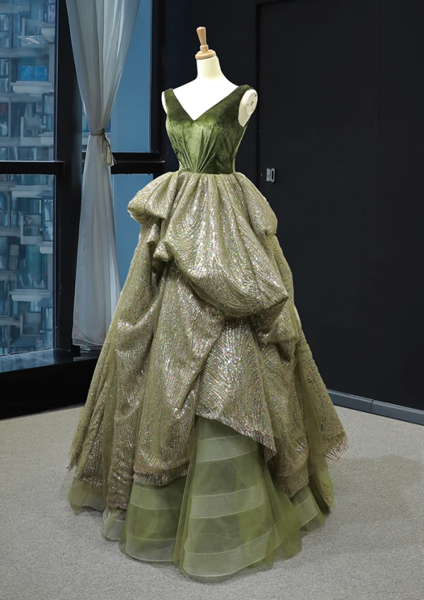 High-end Clover Green Suede Dancing Prom Dresses 2023 A-Line / Princess V-Neck Sleeveless Glitter Tulle Floor-Length / Long Ruffle Backless Formal Dresses