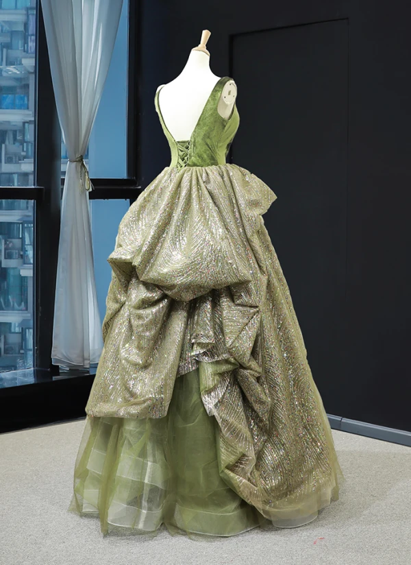 High-end Clover Green Suede Dancing Prom Dresses 2023 A-Line / Princess V-Neck Sleeveless Glitter Tulle Floor-Length / Long Ruffle Backless Formal Dresses