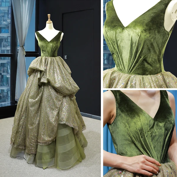 High-end Clover Green Suede Dancing Prom Dresses 2023 A-Line / Princess V-Neck Sleeveless Glitter Tulle Floor-Length / Long Ruffle Backless Formal Dresses