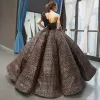 Sparkly Black Gold Sequins Dancing Prom Dresses 2023 Ball Gown One-Shoulder Sleeveless Floor-Length / Long Ruffle Backless Formal Dresses