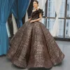 Sparkly Black Gold Sequins Dancing Prom Dresses 2023 Ball Gown One-Shoulder Sleeveless Floor-Length / Long Ruffle Backless Formal Dresses