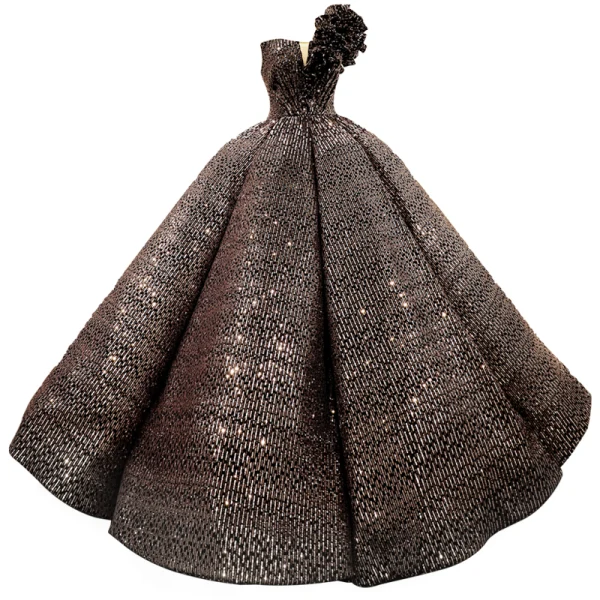 Glitzernden Schwarz Gold Pailletten Tanzen Ballkleider 2023 Ballkleid One-Shoulder Ärmellos Lange Rüschen Rückenfreies Festliche Kleider