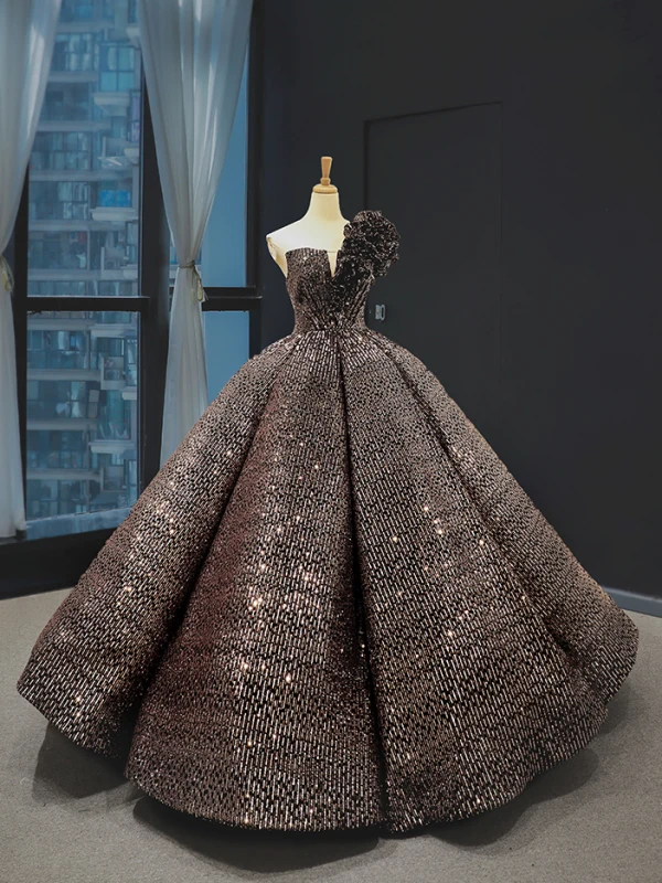 Glitzernden Schwarz Gold Pailletten Tanzen Ballkleider 2023 Ballkleid One-Shoulder Ärmellos Lange Rüschen Rückenfreies Festliche Kleider
