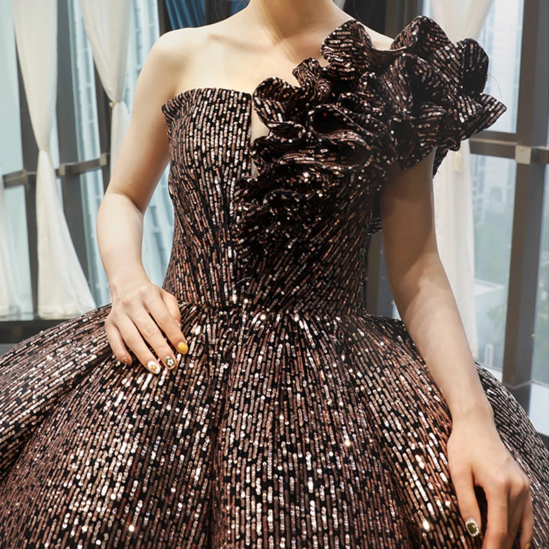Sparkly Black Gold Sequins Dancing Prom Dresses 2023 Ball Gown One Shoulder  Sleeveless Floor Length Long Ruffle Backless Formal Dresses