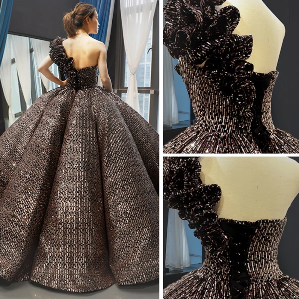 Glitzernden Schwarz Gold Pailletten Tanzen Ballkleider 2023 Ballkleid One-Shoulder Ärmellos Lange Rüschen Rückenfreies Festliche Kleider