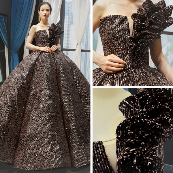 Glitzernden Schwarz Gold Pailletten Tanzen Ballkleider 2023 Ballkleid One-Shoulder Ärmellos Lange Rüschen Rückenfreies Festliche Kleider