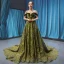 High-end Clover Green Velour Evening Dresses  2023 A-Line / Princess Off-The-Shoulder Short Sleeve Appliques Lace Beading Court Train Ruffle Backless Formal Dresses