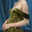 High-end Clover Green Velour Evening Dresses  2023 A-Line / Princess Off-The-Shoulder Short Sleeve Appliques Lace Beading Court Train Ruffle Backless Formal Dresses