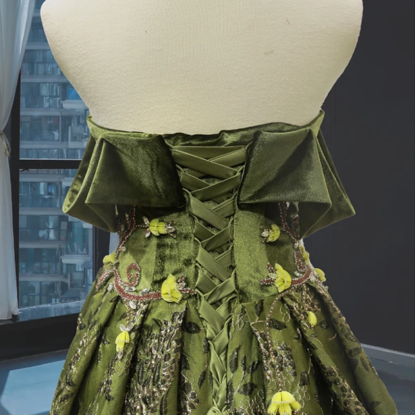High-end Clover Green Velour Evening Dresses  2023 A-Line / Princess Off-The-Shoulder Short Sleeve Appliques Lace Beading Court Train Ruffle Backless Formal Dresses