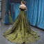High-end Clover Green Velour Evening Dresses  2023 A-Line / Princess Off-The-Shoulder Short Sleeve Appliques Lace Beading Court Train Ruffle Backless Formal Dresses