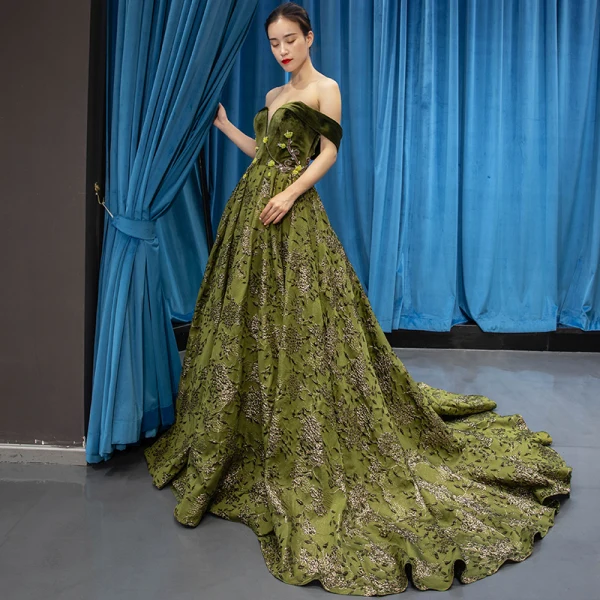 High-end Clover Green Velour Evening Dresses  2023 A-Line / Princess Off-The-Shoulder Short Sleeve Appliques Lace Beading Court Train Ruffle Backless Formal Dresses