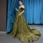 High-end Clover Green Velour Evening Dresses  2023 A-Line / Princess Off-The-Shoulder Short Sleeve Appliques Lace Beading Court Train Ruffle Backless Formal Dresses