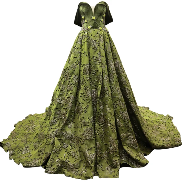 High-end Clover Green Velour Evening Dresses  2023 A-Line / Princess Off-The-Shoulder Short Sleeve Appliques Lace Beading Court Train Ruffle Backless Formal Dresses