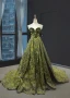 High-end Clover Green Velour Evening Dresses  2023 A-Line / Princess Off-The-Shoulder Short Sleeve Appliques Lace Beading Court Train Ruffle Backless Formal Dresses