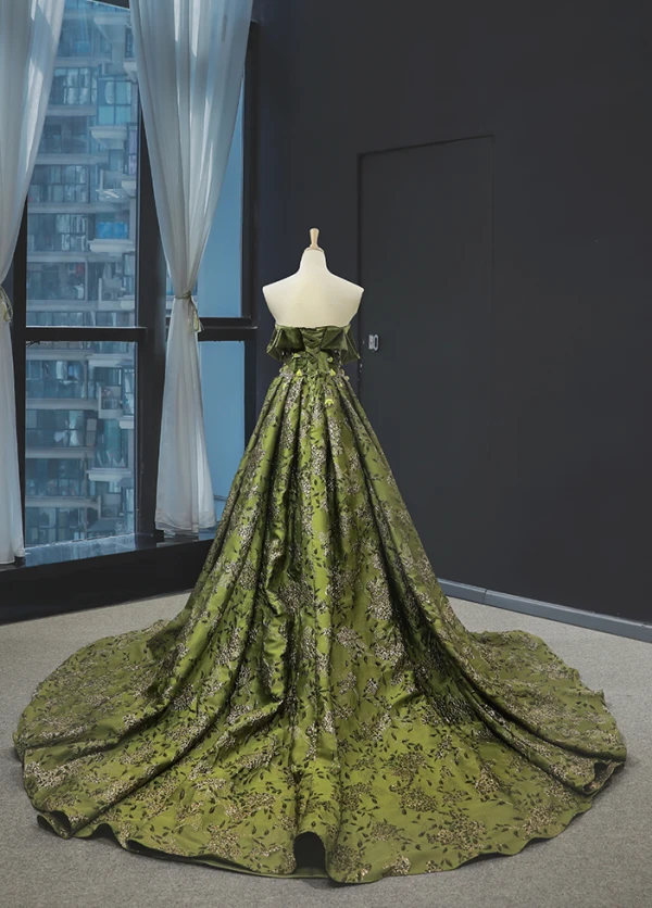 High-end Clover Green Velour Evening Dresses  2023 A-Line / Princess Off-The-Shoulder Short Sleeve Appliques Lace Beading Court Train Ruffle Backless Formal Dresses