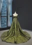 High-end Clover Green Velour Evening Dresses  2023 A-Line / Princess Off-The-Shoulder Short Sleeve Appliques Lace Beading Court Train Ruffle Backless Formal Dresses