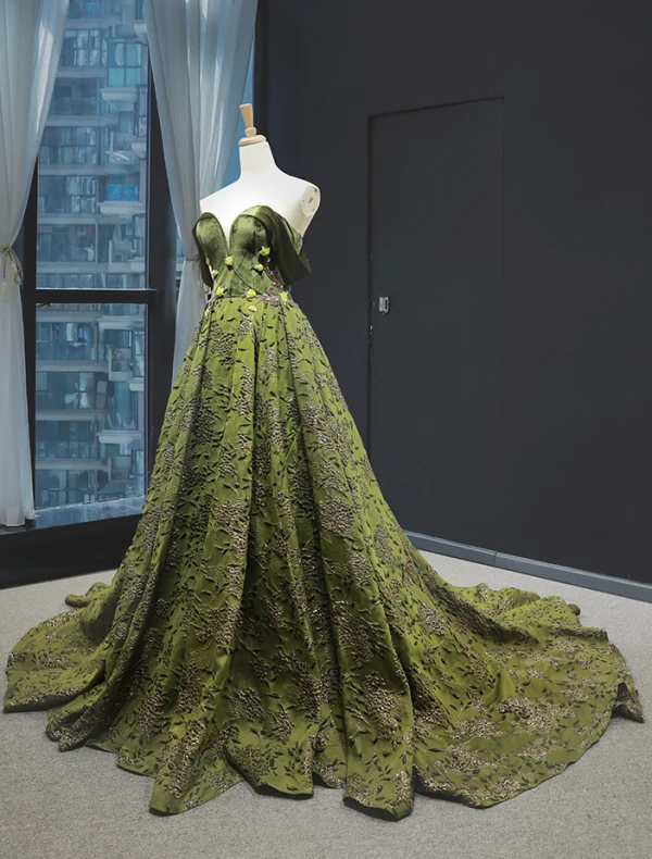 High-end Clover Green Velour Evening Dresses  2023 A-Line / Princess Off-The-Shoulder Short Sleeve Appliques Lace Beading Court Train Ruffle Backless Formal Dresses